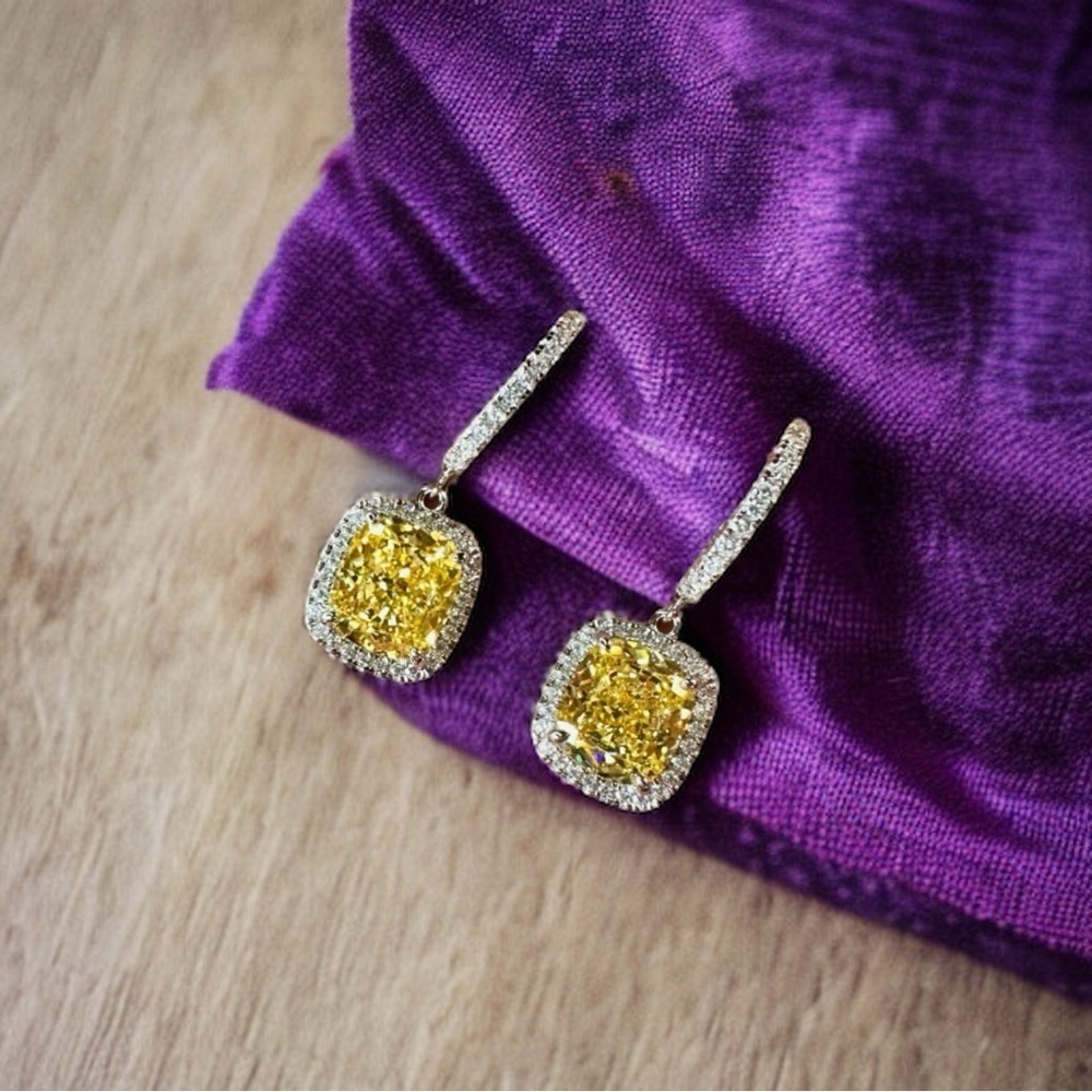 NEW Fancy Canary Yellow High Carbon Diamond Simulant Dangle Drop Earrings - Picture 10 of 17